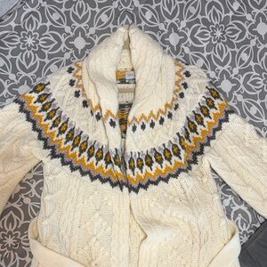 SAYLOR Cream and Gray Women's Cardigan Sweater with Yellow Accents and belt